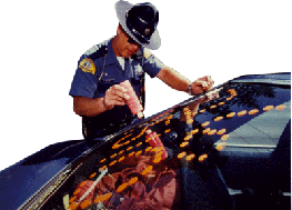 Trooper applies Fluorescent Orange POLICE MARKER to the rear window of a car, indicating the day and hour that he checked the vehicle.  Subsequent troopers need not stop to inspect the vehicle, a drive-by reading is now possible.  Being Highly Visible, POLICE MARKER also made the vehicle less of a road hazard.